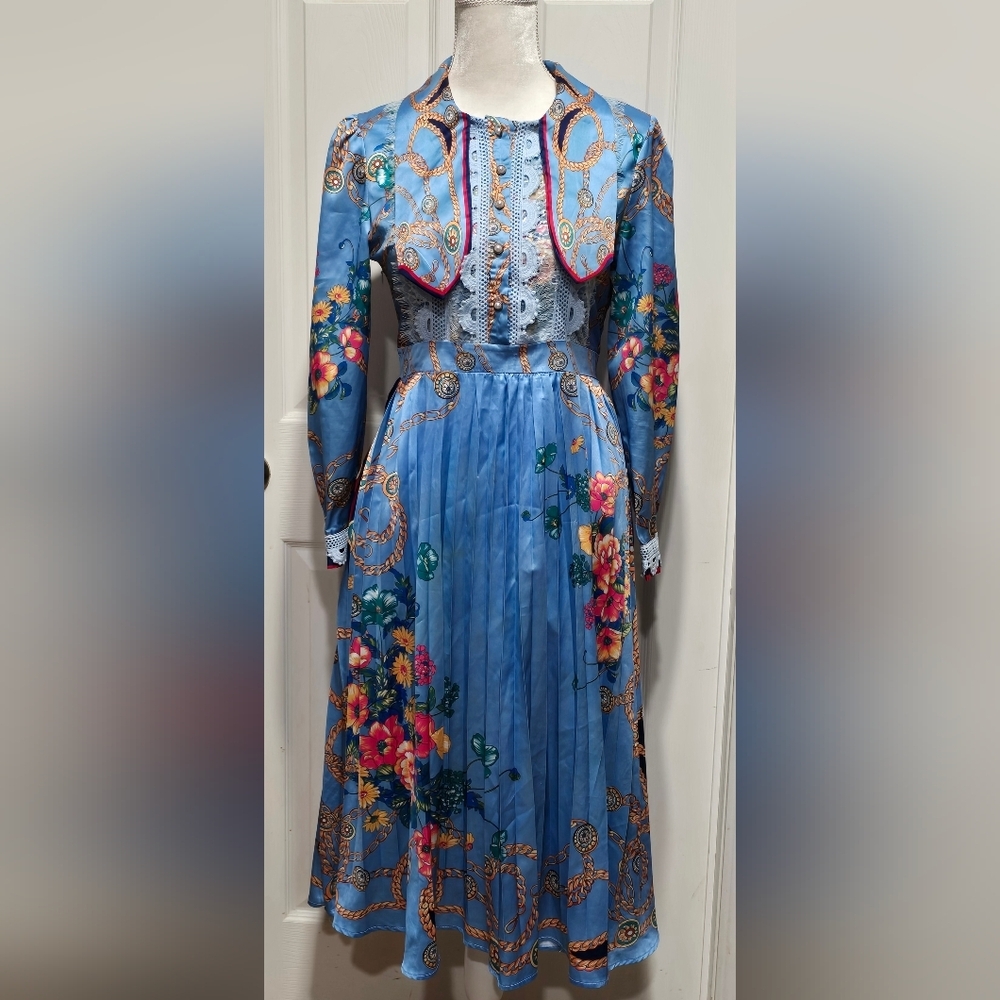 Dalia Macphee Blue Floral Lace Bodice Pleated Midi Dress